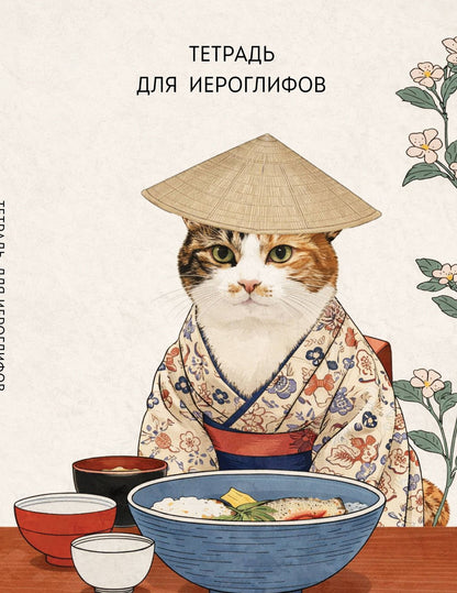 Тетрадь для иероглифов, сетка 9х9 мм. (Кот в кимоно)