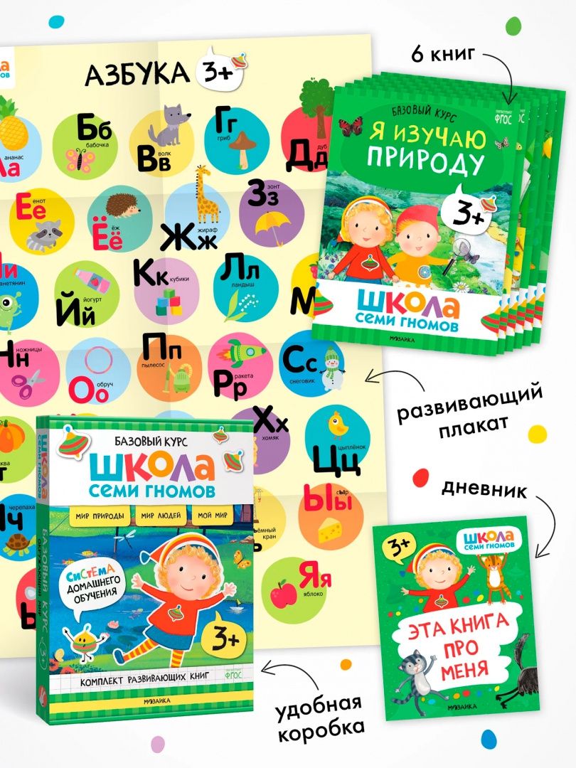 Школа Семи Гномов. Базовый курс. Окружающий мир. Комплект 3+, 6 книг + развивающие материалы