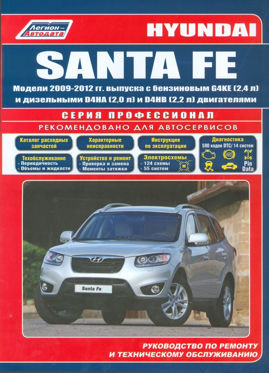 Обложка книги "Hyundai SANTA FE. Модели 2009-2012 гг. выпуска с бензиновым G4KE (2,4 л.) и дизельными D4HA (2,0 л. Common Rail), D4HB (2,2 л. Common Rail) двигателями. Руководство по ремонту и техническому обслуживанию"
