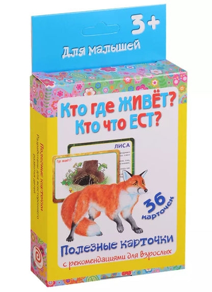 Обложка книги "Ирина Медеева: Кто где живет Кто что ест 36 карт. Полезные карточки с рекоменд. для взрослых (3+) (картон) (коробка"