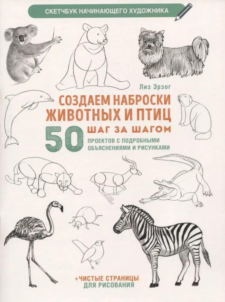 Обложка книги "Лиз Эрзог: Создаем наброски животных и птиц шаг за шагом: 50 проектов с подробными объяснениями и рисунками + чистые страницы для рисования"