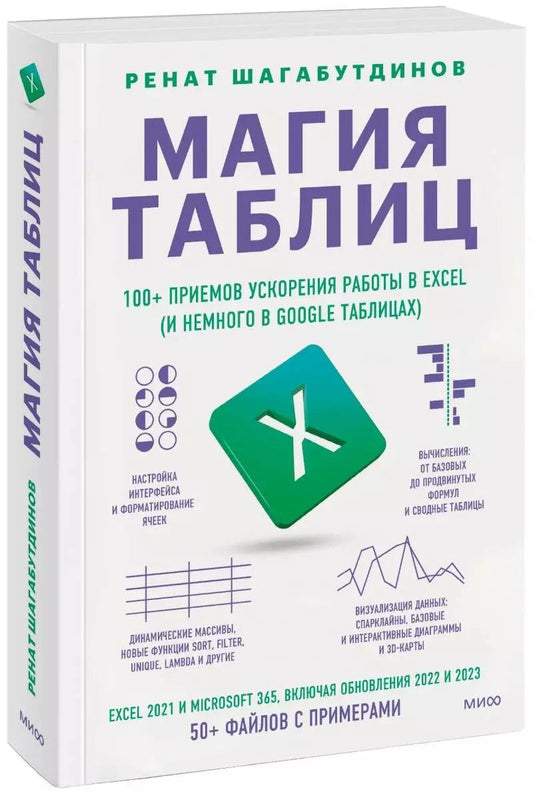 Обложка книги "Ренат Шагабутдинов: Магия таблиц. 100+ приемов ускорения работы в Excel (и немного в Google Таблицах)"