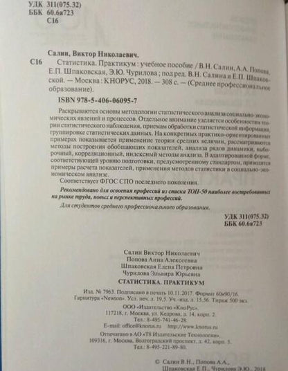 Фотография книги "Салин, Шпаковская, Попова: Статистика. Практикум"