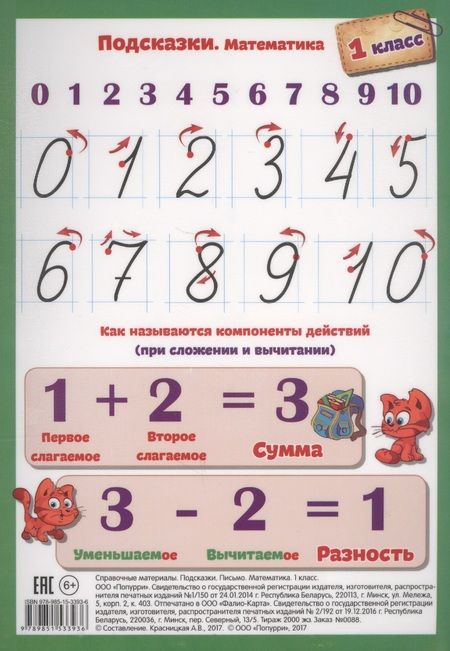 Фотография книги "Справочные материалы. Подсказки. Письмо. Математика. 1 класс"