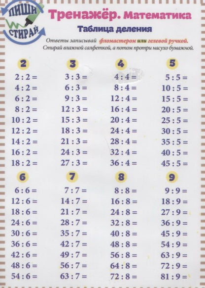 Обложка книги "Справочные материалы Тренажер Математика Табл. деления. Табл. Деления. Вразброс (Пиши стирай) (лист)"