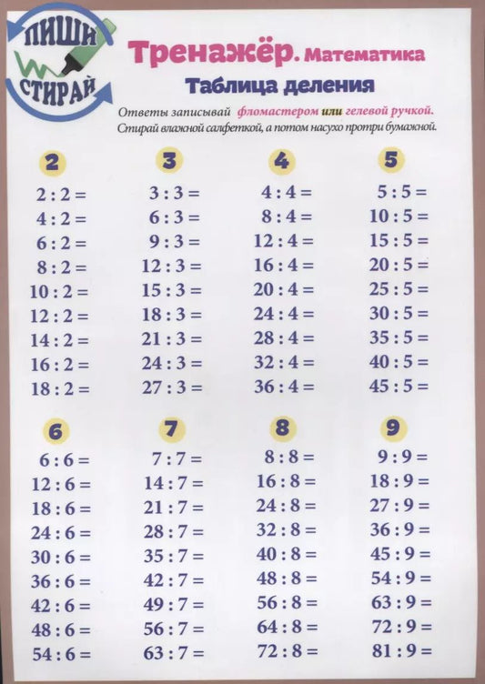 Обложка книги "Справочные материалы Тренажер Математика Табл. деления. Табл. Деления. Вразброс (Пиши стирай) (лист)"