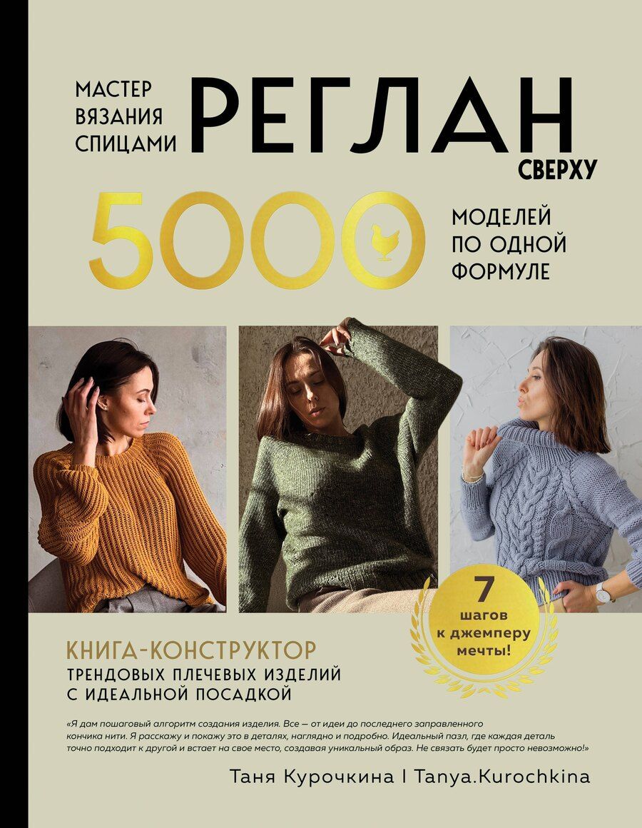 Обложка книги "Таня Курочкина: Мастер вязания спицами. РЕГЛАН сверху. 5000 моделей по одной формуле. Книга-конструктор трендовых плечевых изделий с идеальной посадкой"