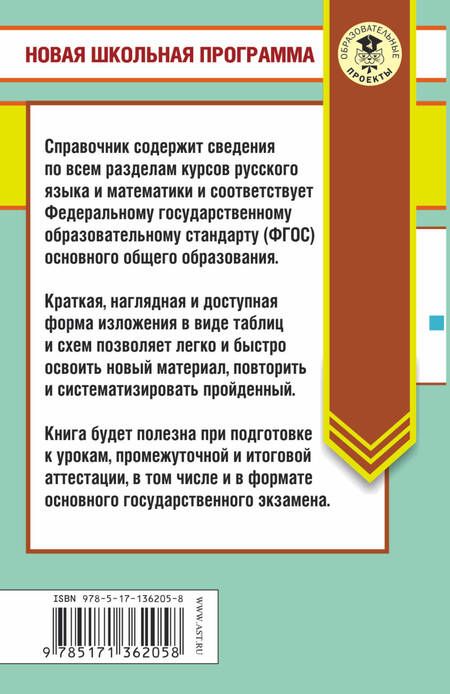 Фотография книги "Текучева: Русский язык. Математика: в таблицах и схемах. Для подготовки к ОГЭ. 5-9 классы. Справочное пособие"