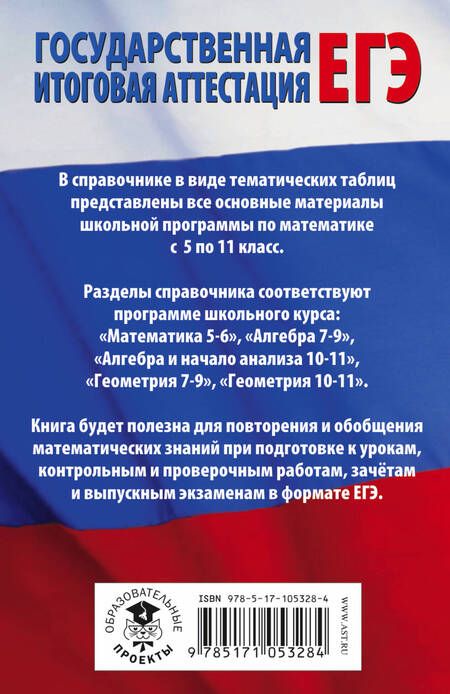 Фотография книги "ЕГЭ. Математика в таблицах : 10-11 классы"