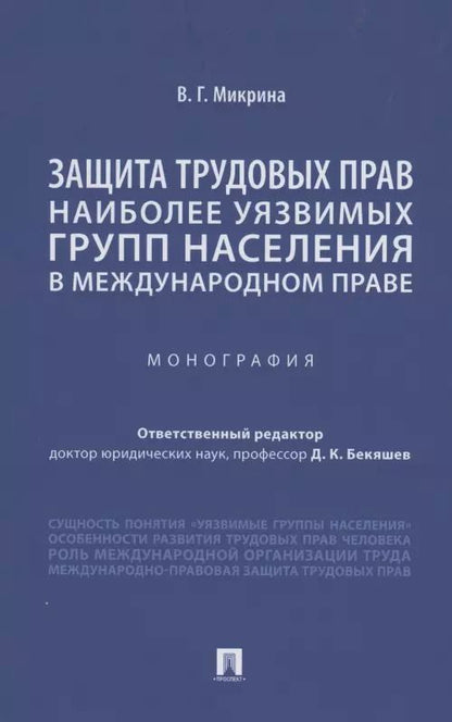 Обложка книги "Защита трудовых прав наиболее уязвимых групп населения в международном праве. Монография"