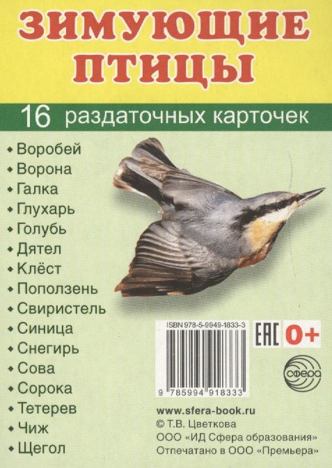 Обложка книги "Зимующие птицы. 16 раздаточных карточек с текстом на русском и английском языках"